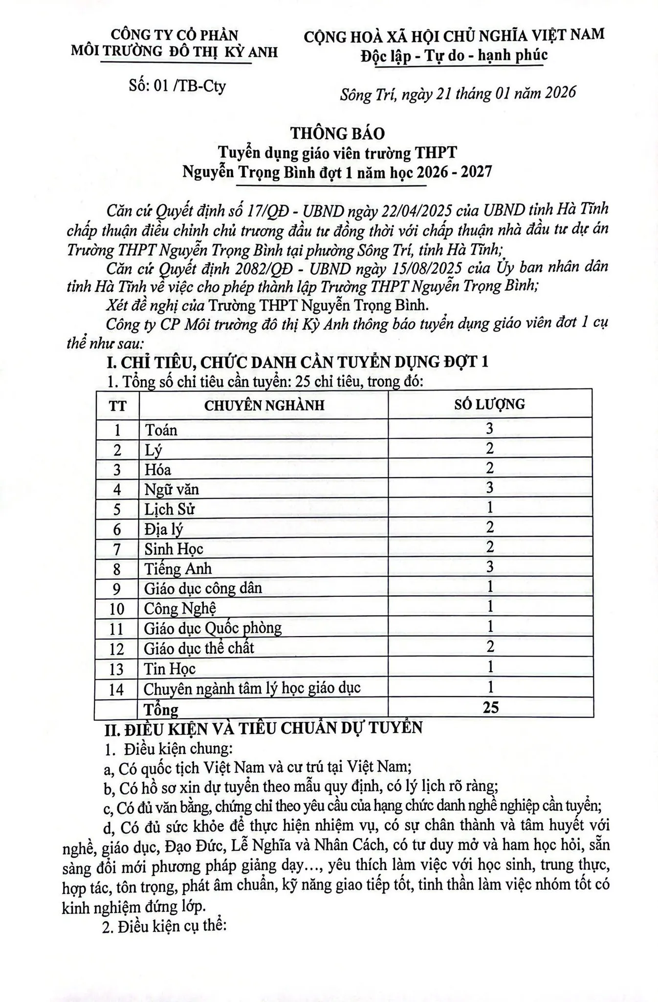 Thông báo tuyển dụng giáo viên