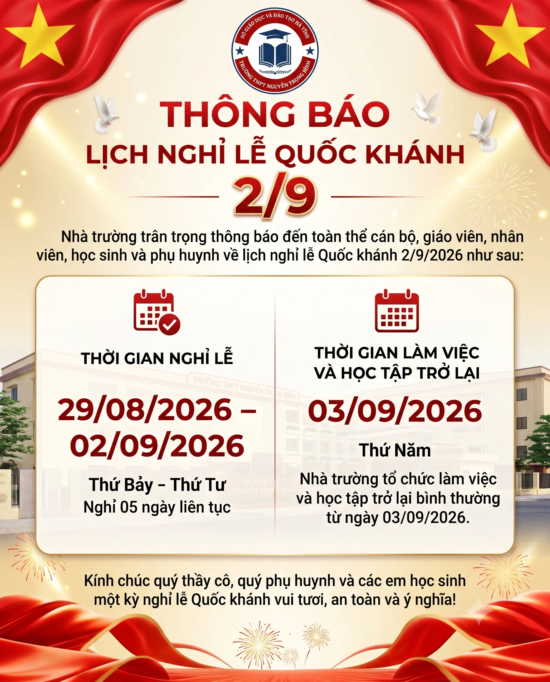 THÔNG BÁO LỊCH NGHỈ LỄ QUỐC KHÁNH 2/9/2026