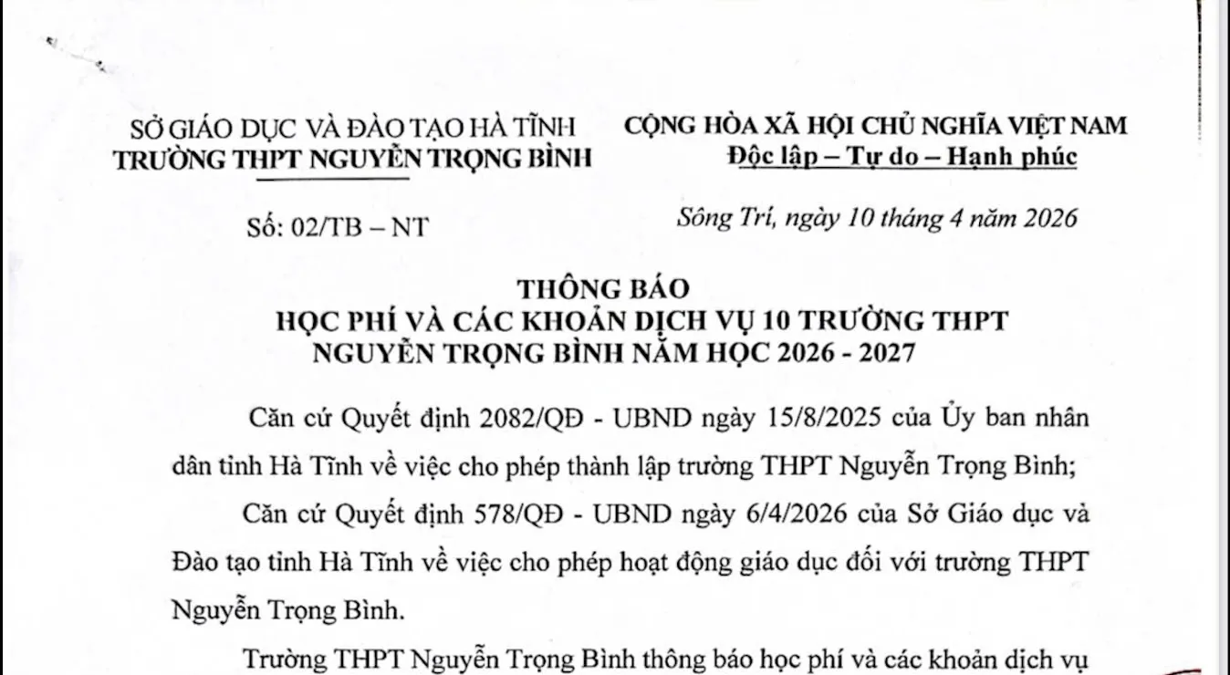 Thông báo học phí và các khoản dịch vụ
